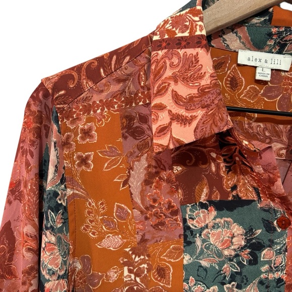 Alex & Lili Floral Patchwork Button Down Blouse Long Sleeve Career Office Large - Picture 4 of 15